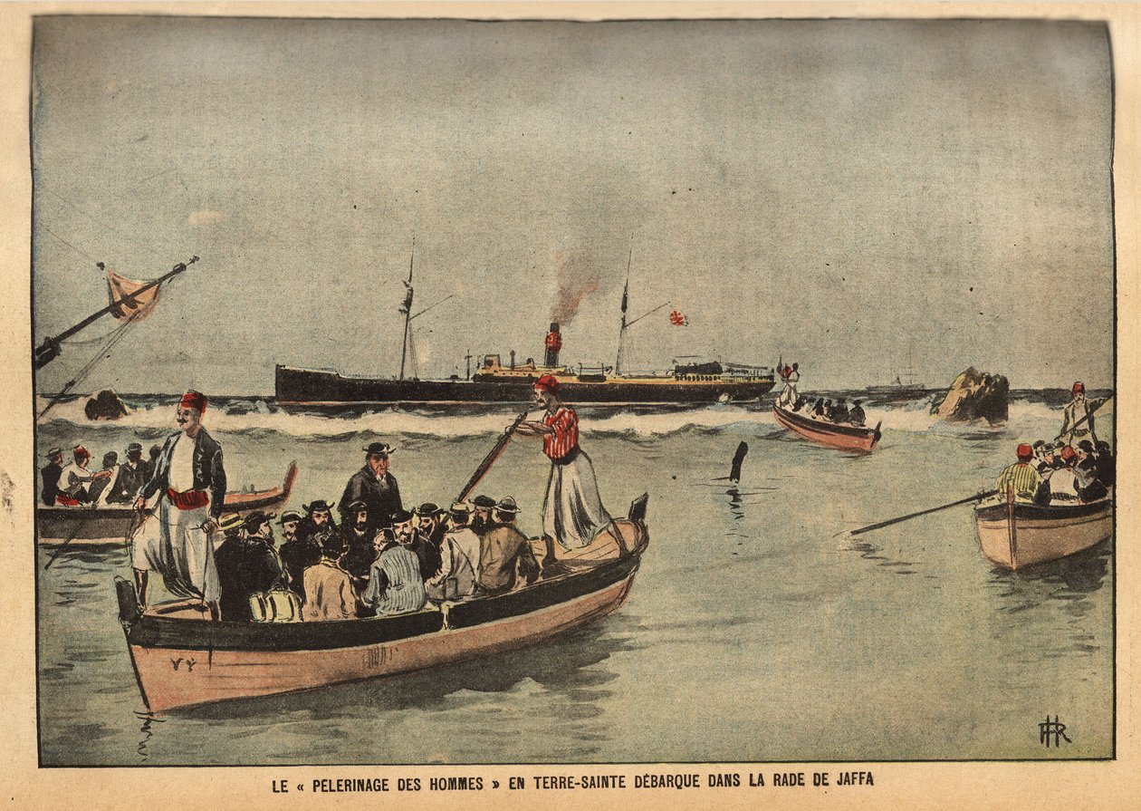 Il pellegrinaggio degli uomini in Terra Santa a Jaffa (Israele). Incisione in "Le pelerin" 8/09/1901. Collezione Selva. da French School