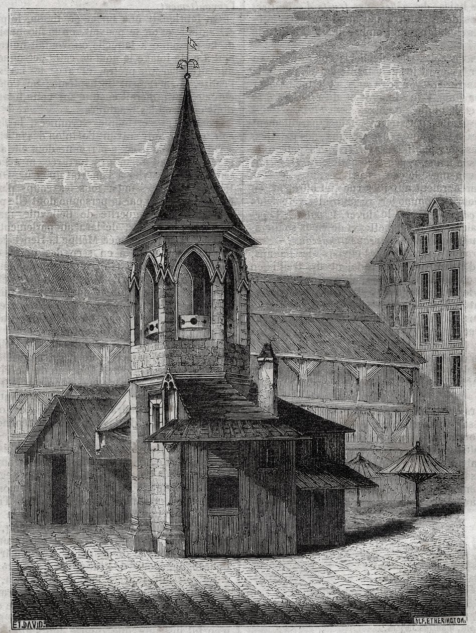Il pilastro delle halles nel XVIII secolo, costruito sul vecchio cimitero degli Innocenti - Incisione in "The physical, civil and moral history of Paris: from the earliest historical times to the present day" di Jacques Antoine Dulaure da French School