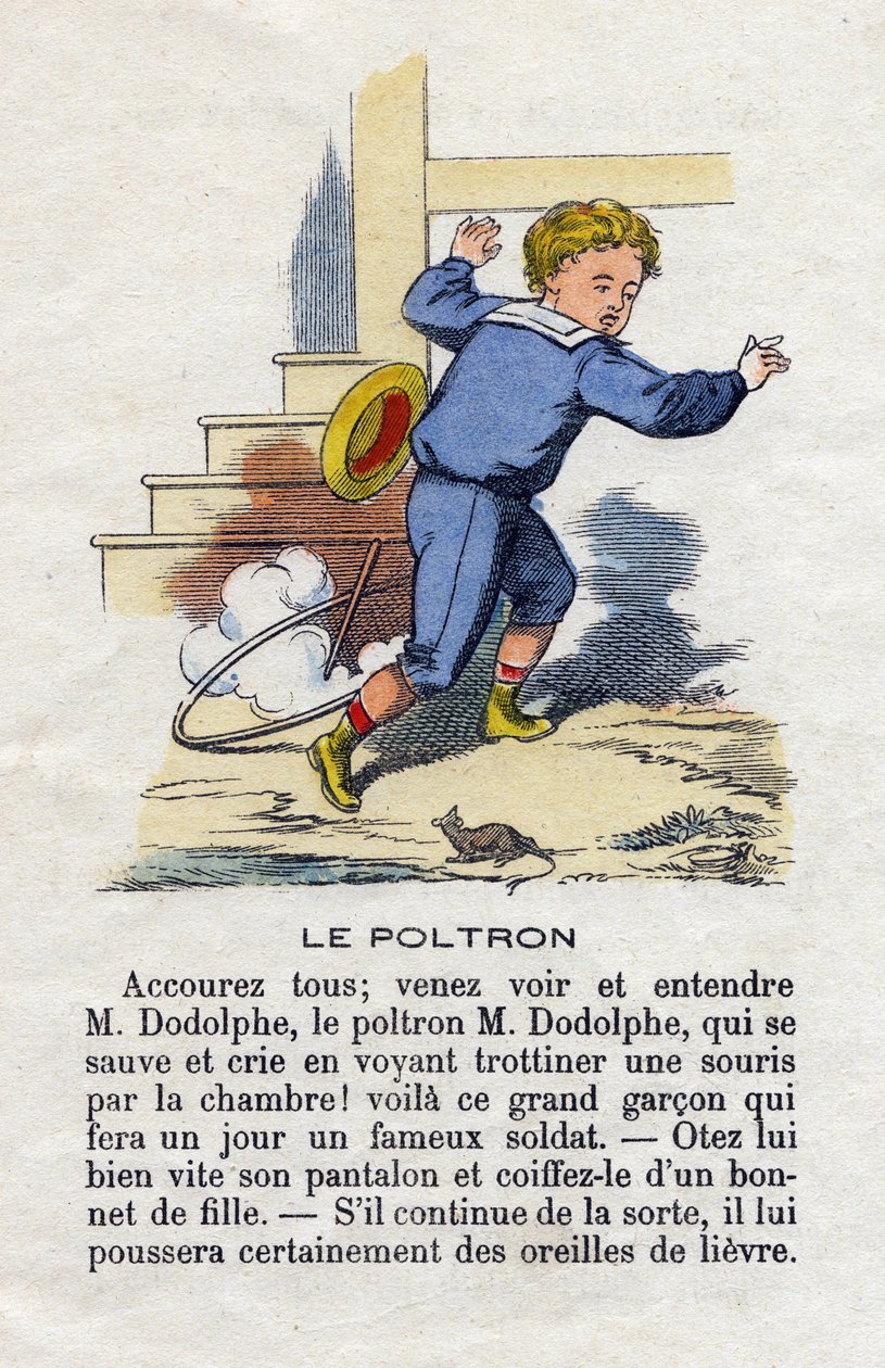 Il poltrone. Un bambino che gioca con il cerchio spaventato da un topo. Alfabeto dei bambini. Abecedario con valore morale contenente esercizi di lettura. Immagini di Epinal fine XIX secolo da French School