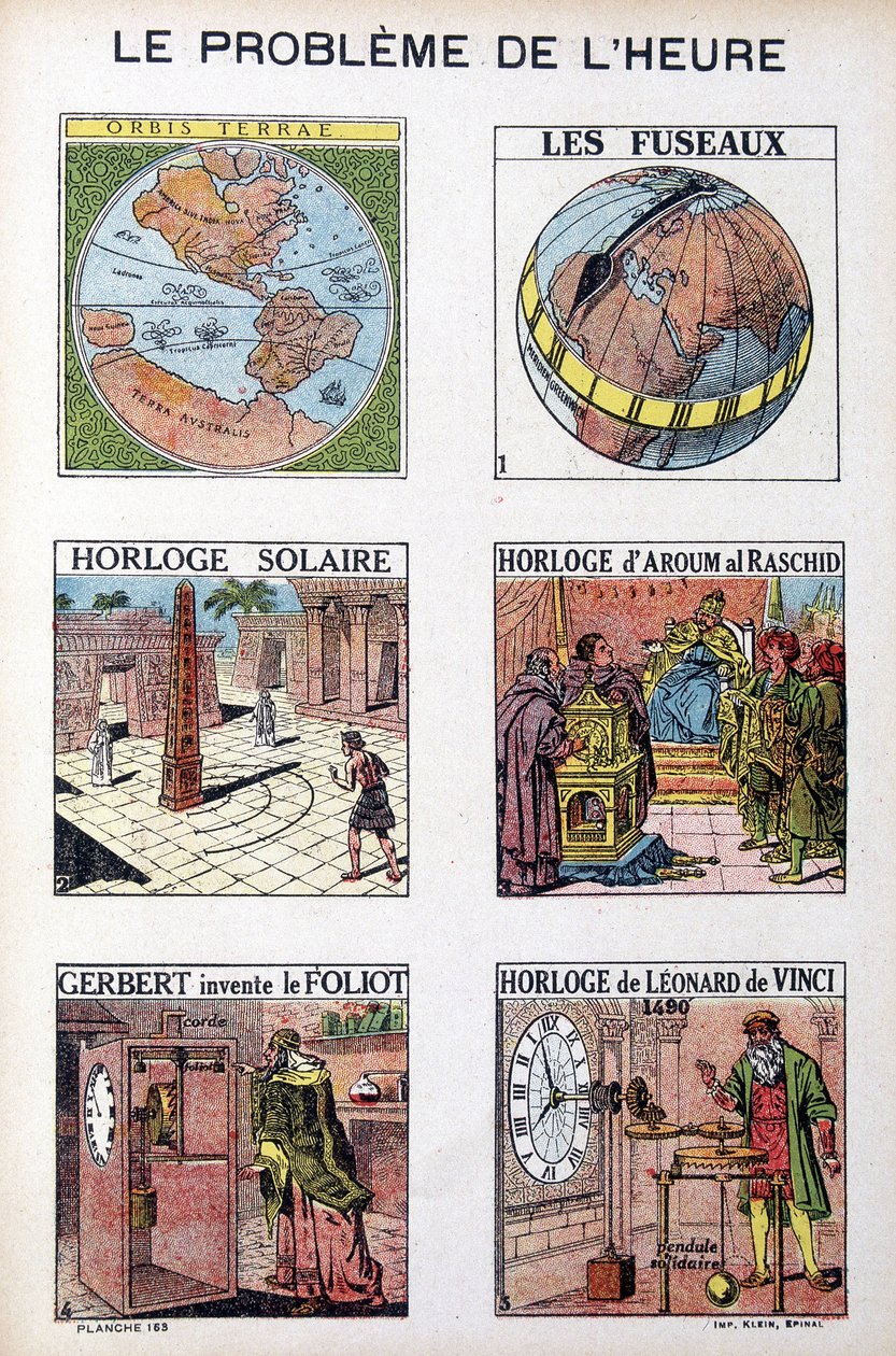 Il problema del tempo: Orbis Terrea, il fuso, orologio solare, orologio di Aroum Al Racshid, Gerberto inventa il Foliot, orologio di Leonardo da Vinci - incisione, inizio 20° secolo da French School