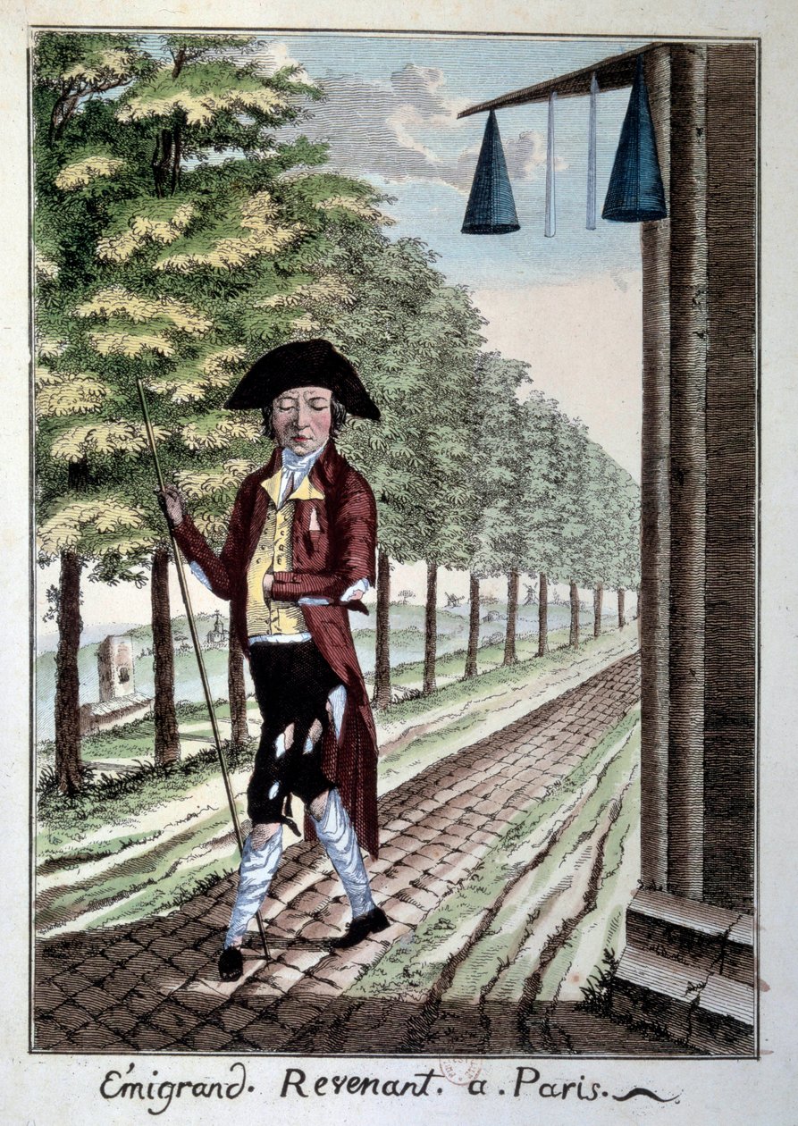 Il ritorno di un emigrante alla fine della Rivoluzione Francese. Un nobile con abiti strappati che fuggì dalla città durante la Rivoluzione. Incisione del XIX secolo Parigi, Museo Carnavalet da French School