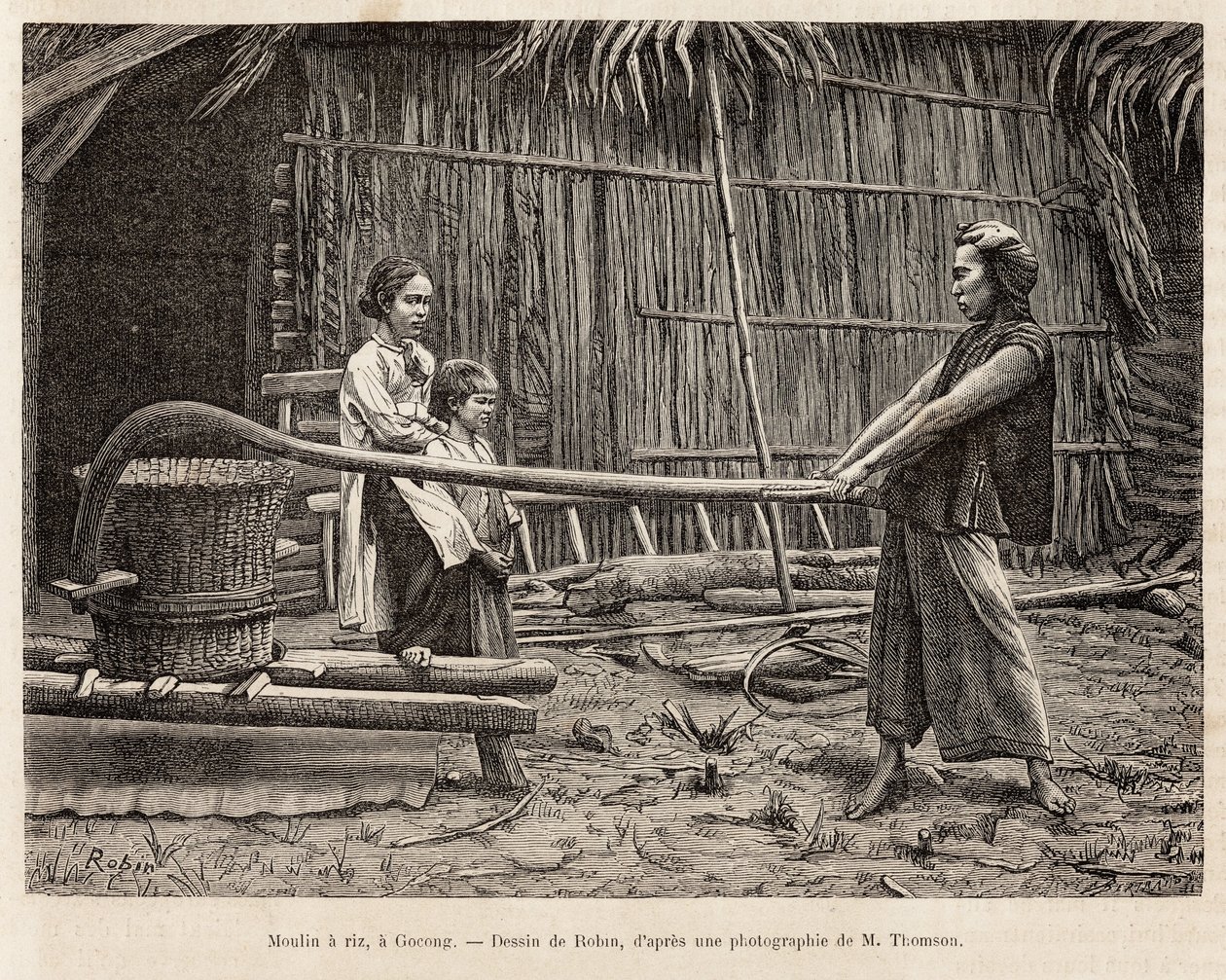 Il mulino del riso, davanti alla casa di un contadino a Gocong, incisione da un disegno di Robin illustrando il viaggio in Cocincina, del Dottor Morice, nel 1872, pubblicato in 