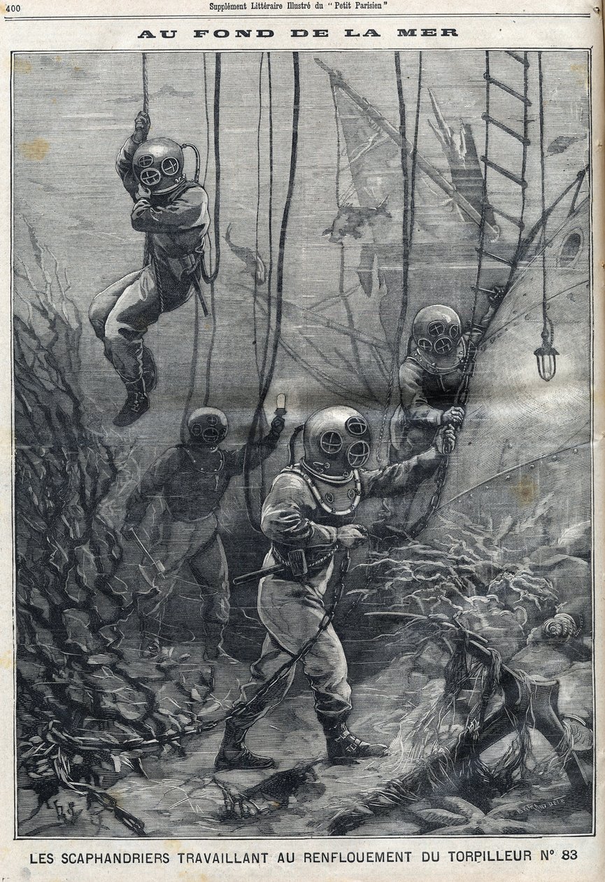 Gli scafandri lavorano al salvataggio del siluro 83 affondato nella baia di Douarnenez in Bretagna, in "Le Petit Parisien". da French School