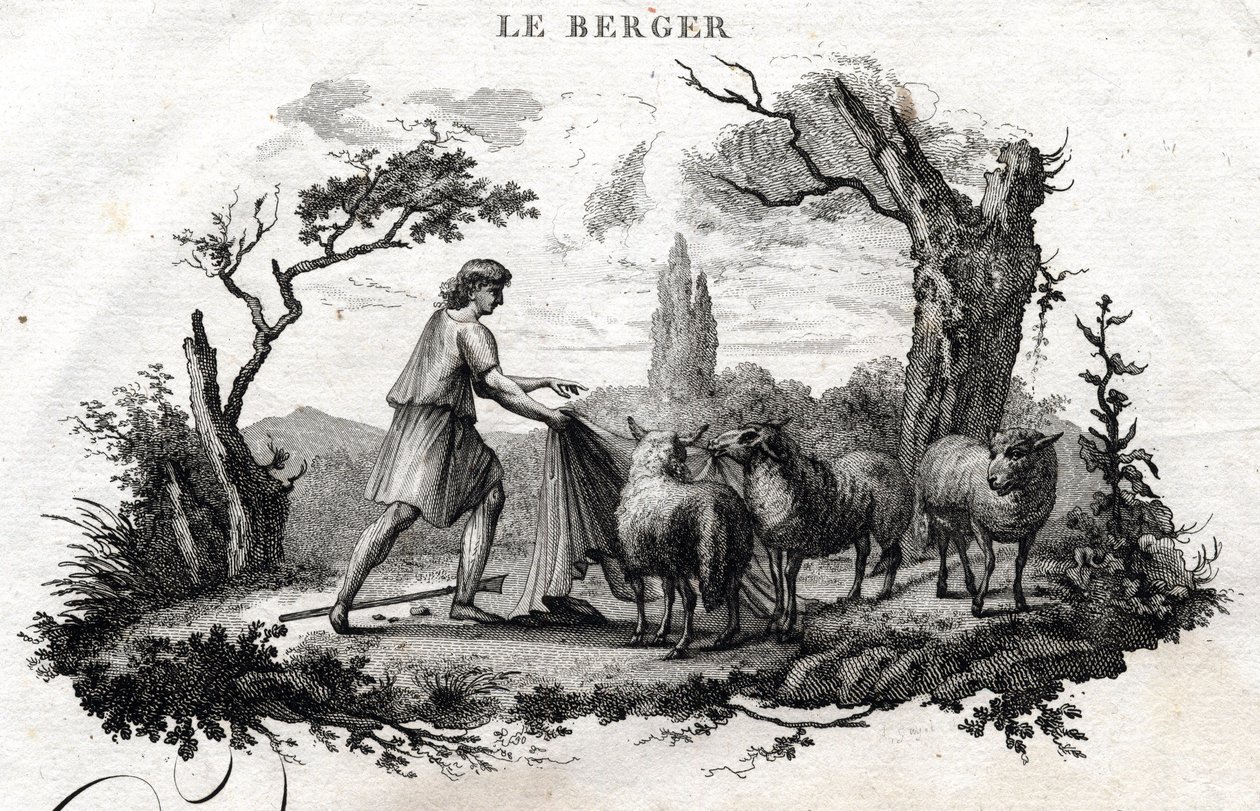 Il pastore. Favola di Esopo. (Scrittore greco Esopo o Ecopo, VI secolo a.C.) Scritta da Guillaume Montfort e incisa da Beauble nel 1801. da French School