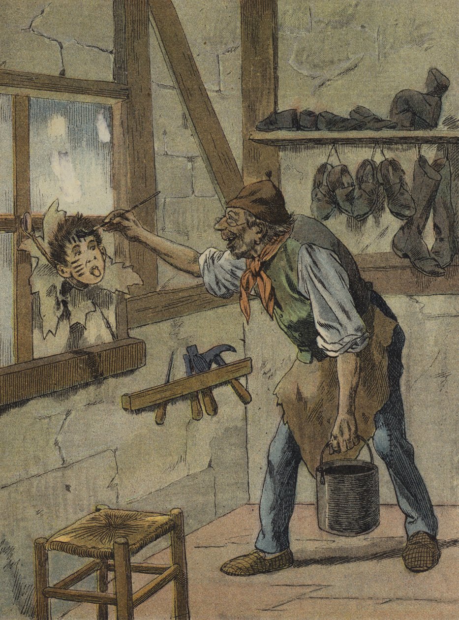 Il calzolaio segnava le ore sulla figura del piccolo Jeannot (litografia a colori) da French School