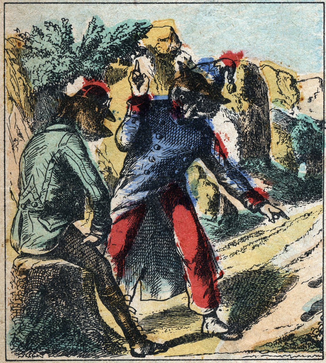 Il leone malato e la volpe. Favole di Jean de La Fontaine (1621-95). Immagine di Epinal fine XIX secolo da French School