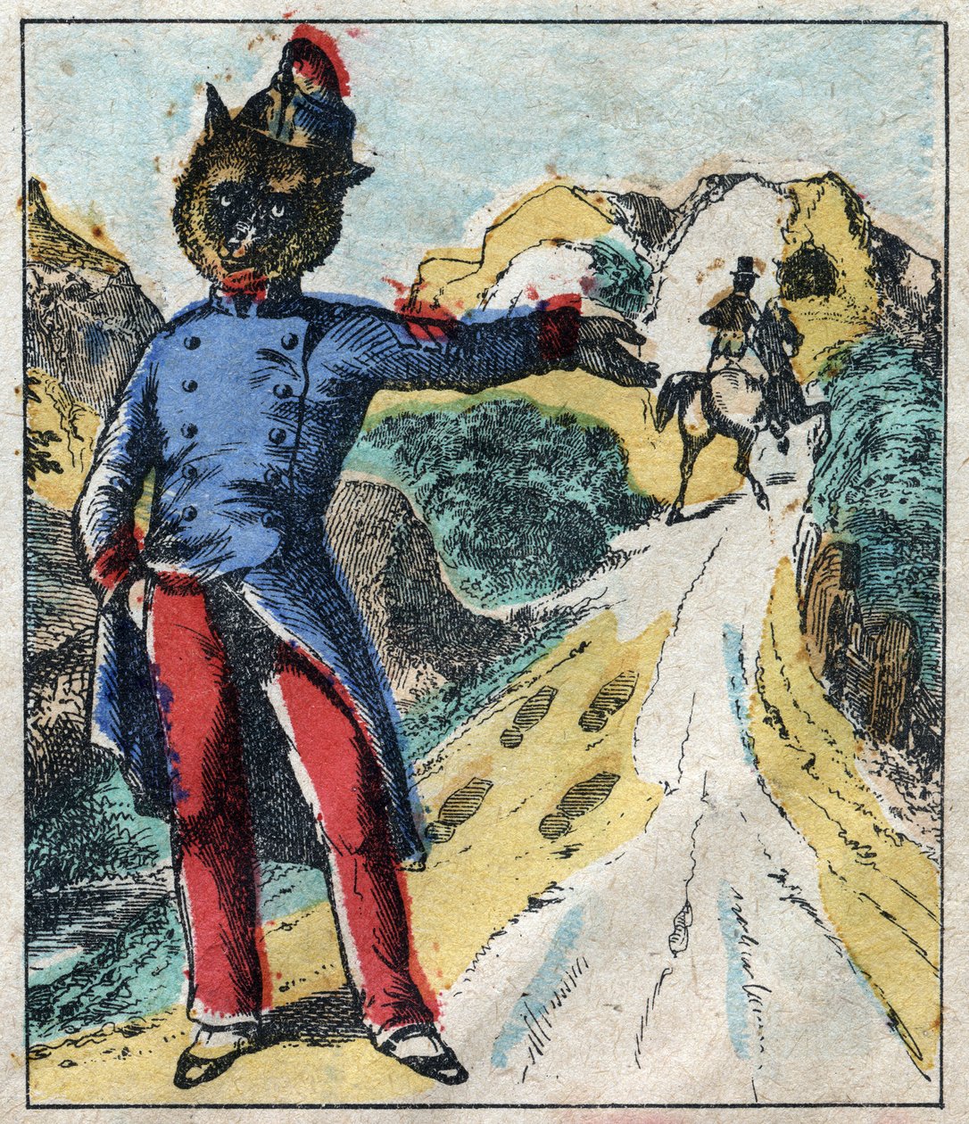 Il leone malato e la volpe. Favole di Jean de La Fontaine (1621-95). Immagine di Epinal fine XIX secolo da French School