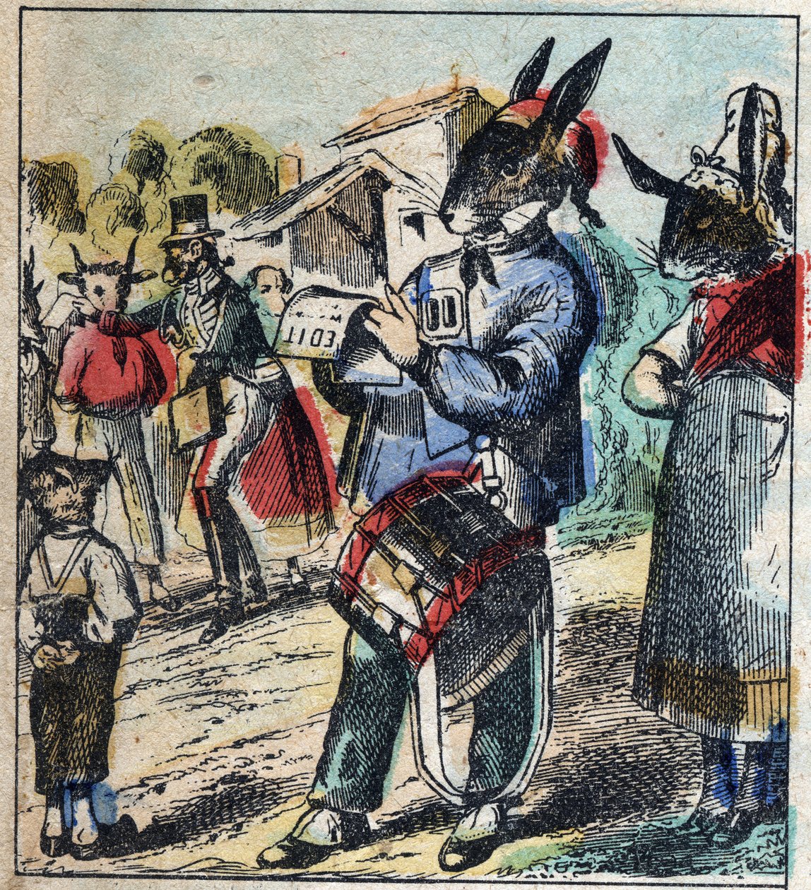 Il leone malato e la volpe. Favole di Jean de La Fontaine (1621-95). Immagine di Epinal fine XIX secolo da French School