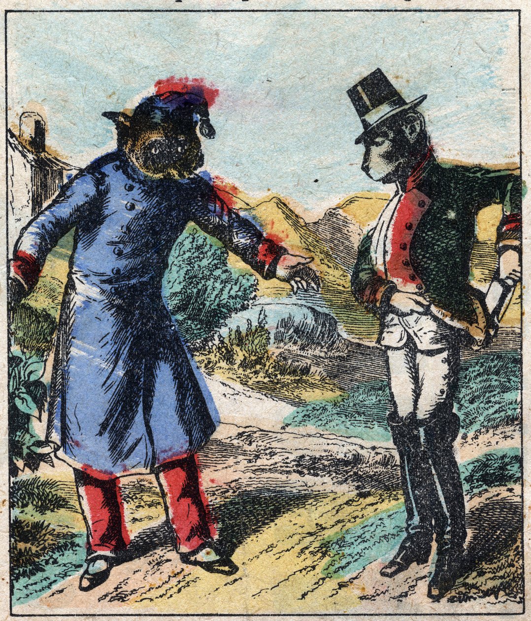 Il leone malato e la volpe. Favole di Jean de La Fontaine (1621-95). Imaging Epinal dalla fine del XIX secolo da French School