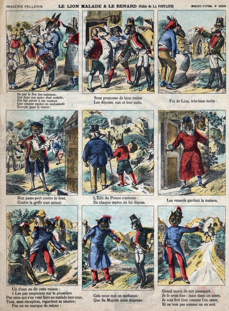 Il leone malato e la volpe. Favole di Jean de La Fontaine (1621-95). Immagine di Epinal fine XIX secolo. da French School