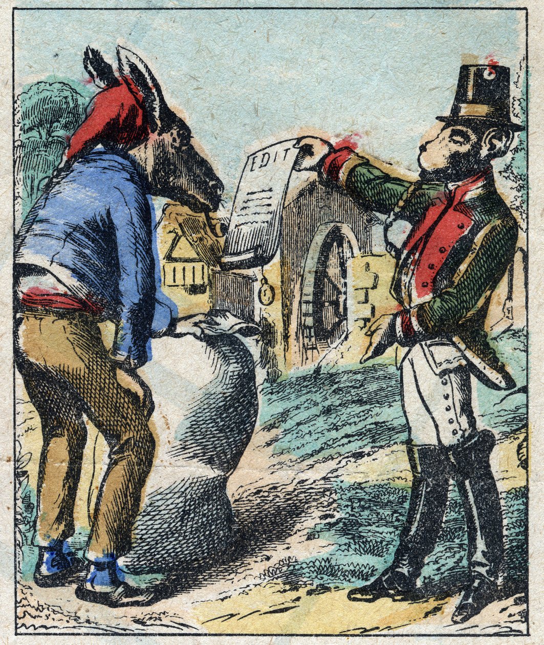Il leone malato e la volpe. Favole di Jean de La Fontaine (1621-95). Immagine di Epinal fine XIX secolo. da French School