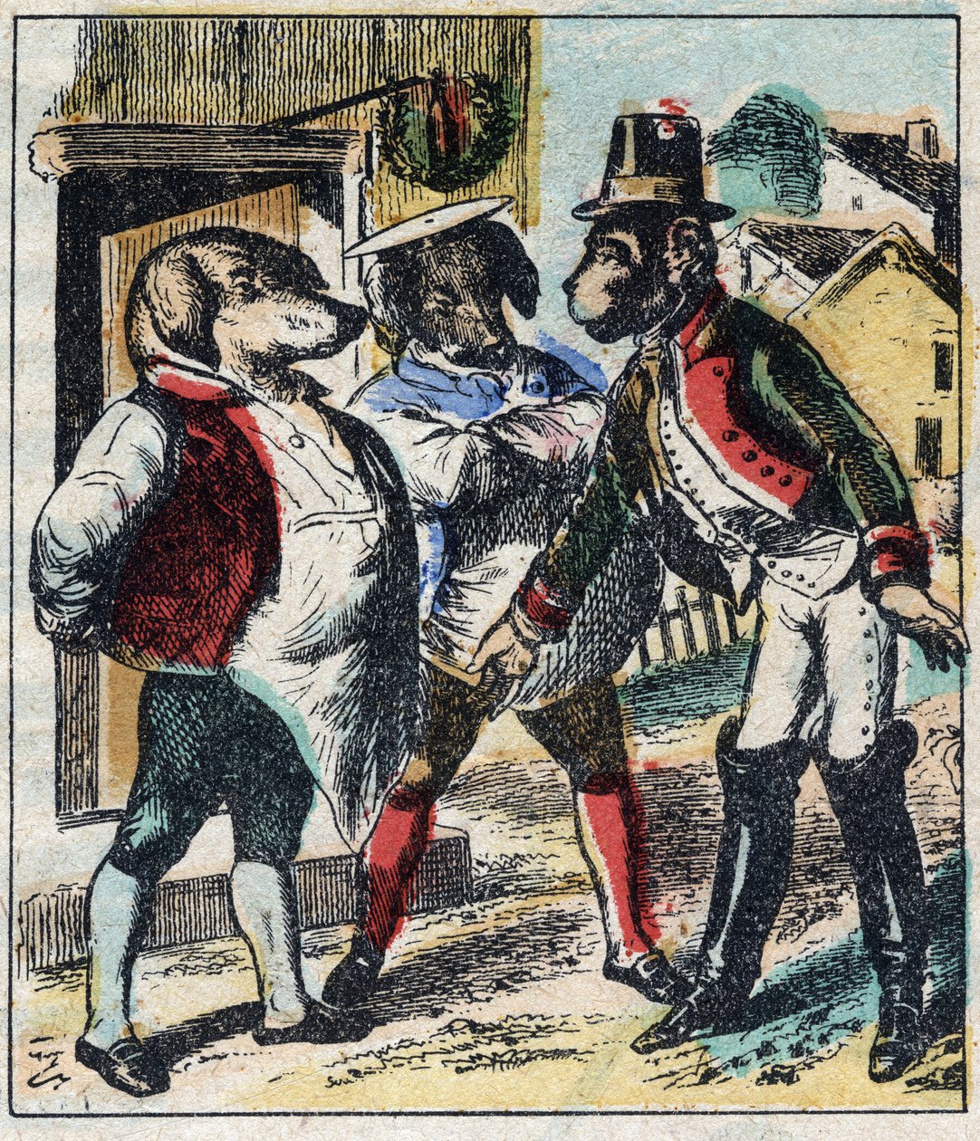 Il leone malato e la volpe. Favole di Jean de La Fontaine (1621-95). Immagine di Epinal della fine del XIX secolo da French School