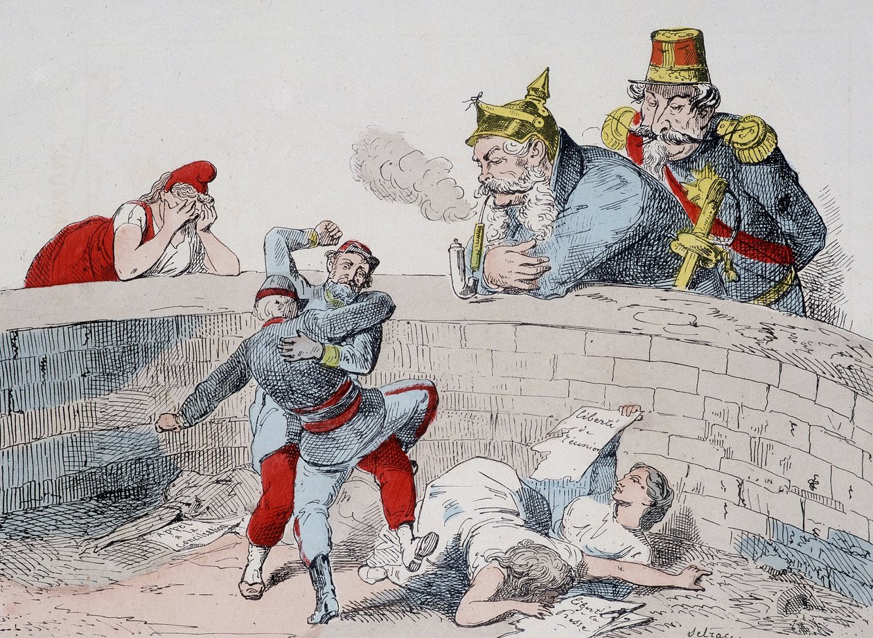 La situazione - Gauillaume: Dobbiamo aiutare i pazzi, Badingue (Napoleone III): Lasciamoli fare mio fratello, sarà il momento di intervenire quando (i parigini) si saranno divorati tra loro. Caricatura sulla Comune. da French School
