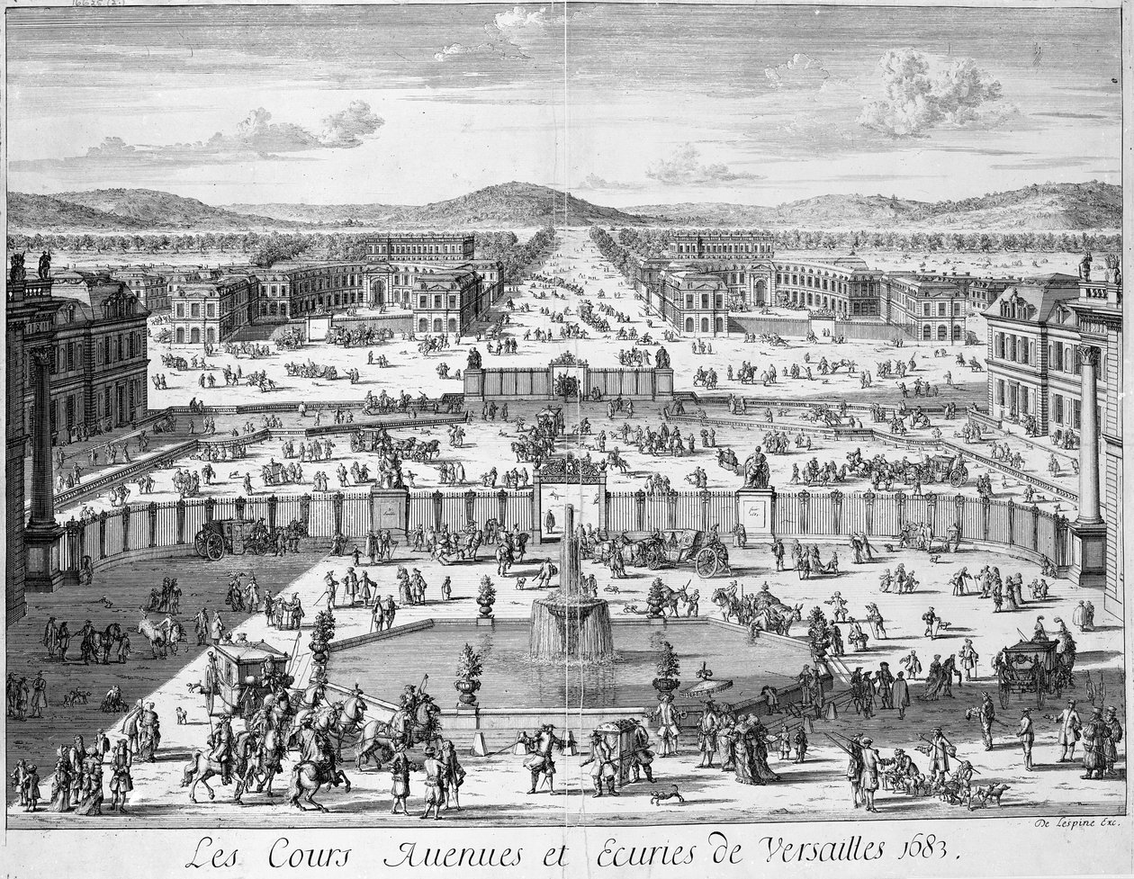 Le scuderie e i cancelli di Versailles visti dal Palazzo, 1683 da French School