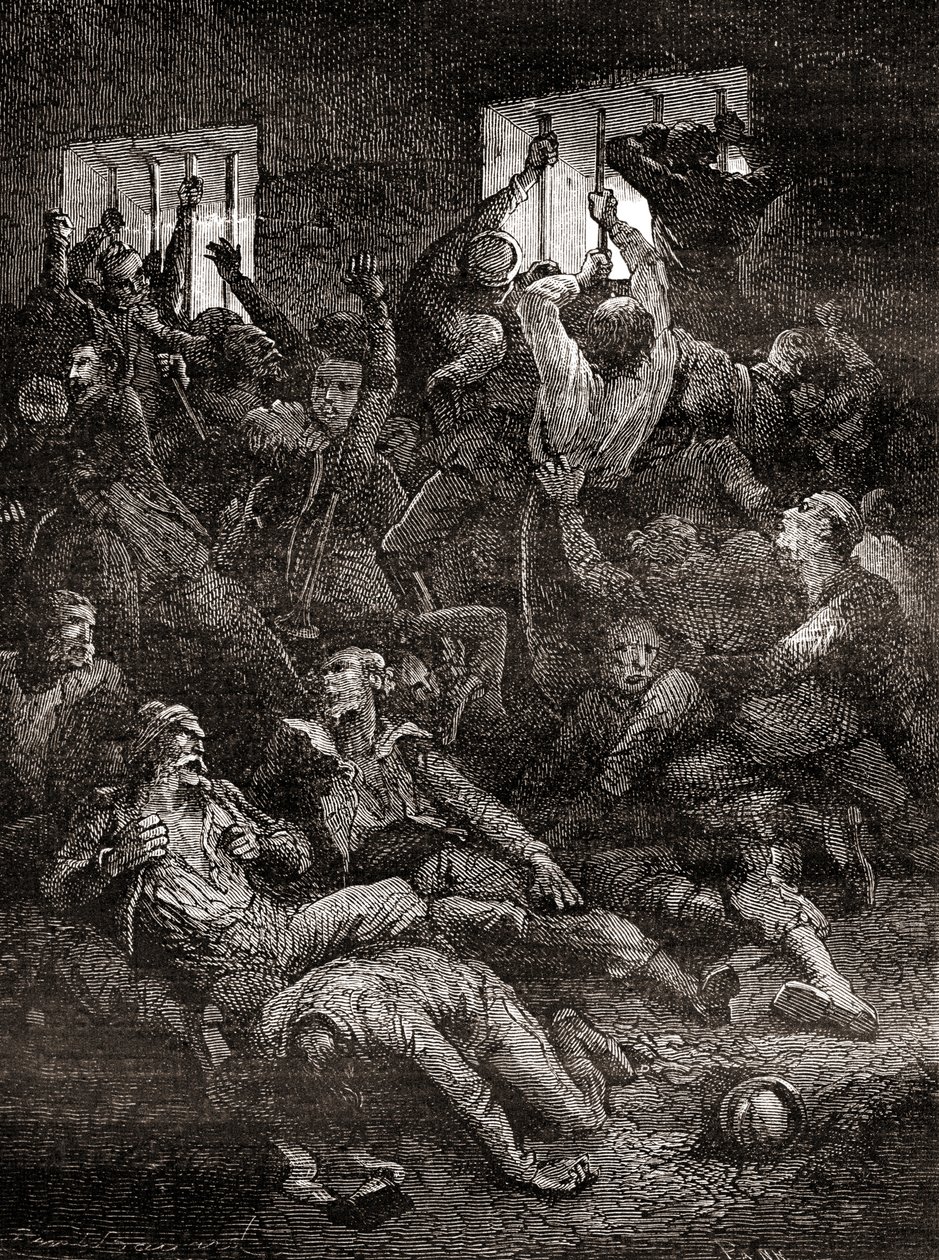 La sofferenza e la morte a causa della scarsa ventilazione dei prigionieri inglesi nel Buco Nero di Calcutta, un piccolo sotterraneo nel vecchio Fort William a Calcutta, India, dove le truppe del Nawab del Bengala, Siraj ud-Daulah, tenevano prigionieri di  da French School