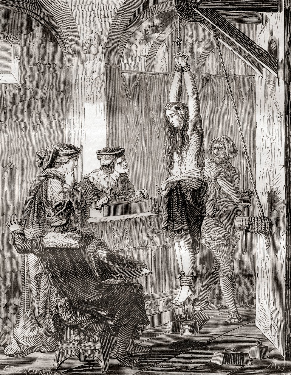 La tortura di una donna accusata di stregoneria nel medioevo, da Les Merveilles de la Science, pubblicato c.1870 (litografia) da French School