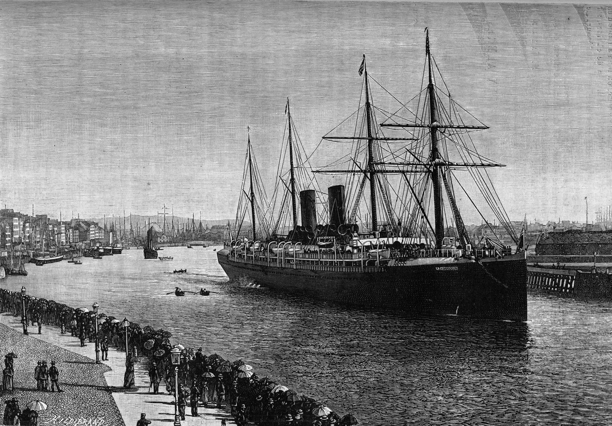 Il transatlantico "La Gascogne" nel porto di Le Havre nel 1887 - Incisione nel giornale illustrato "La jeunesse" da French School