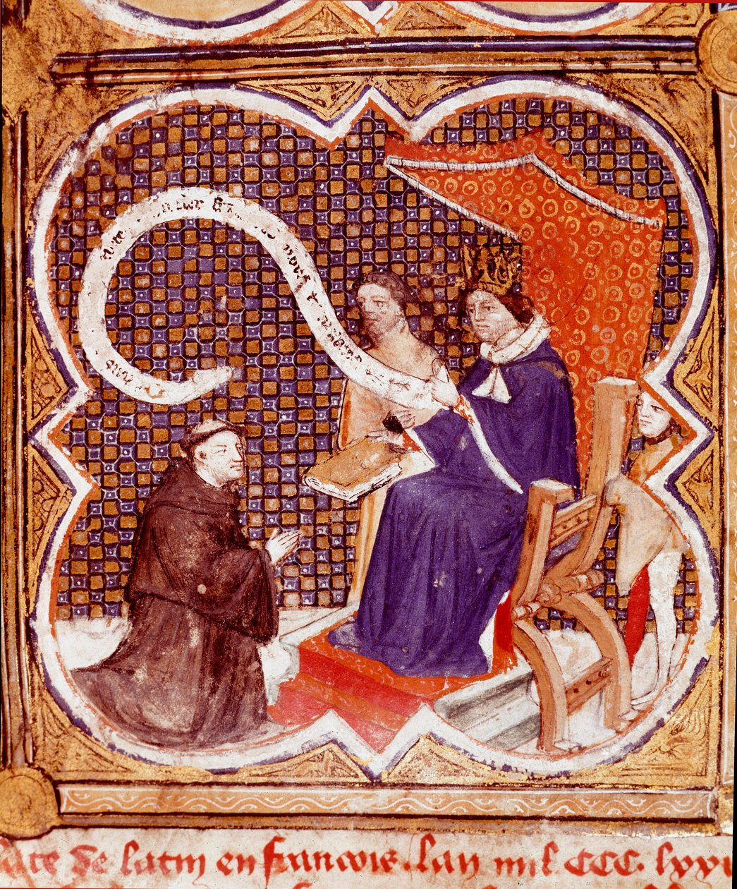 Il traduttore offre il suo libro al re Carlo V (miniatura tratta da Le livre des proprietes des choses di Barthelemy l
