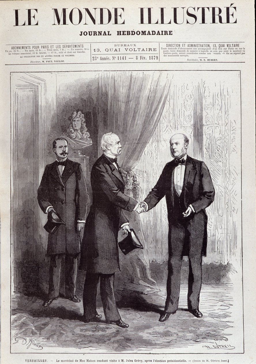La visita del Maresciallo Patrice di Mac Mahon (Mac-Mahon) (1808-1893) al Presidente Jules Grevy (1807-1891). In "Le Monde illustré", febbraio 1879 da French School