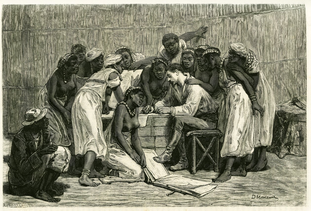 La visita delle regine, le sedici mogli del Re Sepopo, nella capanna del Dottor Holub. Incisione di D. Maillard, per illustrare il racconto 