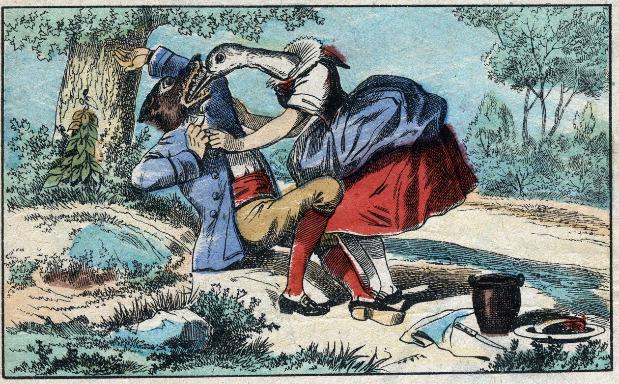 Il lupo e la cicogna. Favole di Jean de La Fontaine (1621-95). Immagine di Epinal fine XIX secolo da French School