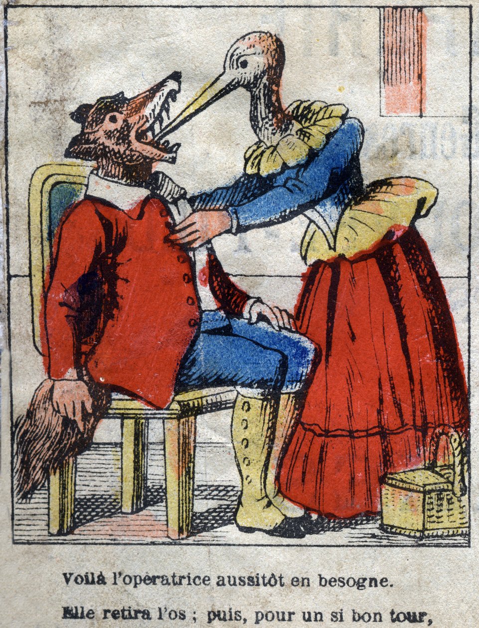 Il lupo e la cicogna. Favole di Jean de La Fontaine (1621-95). Immagine di Epinal fine XIX secolo da French School