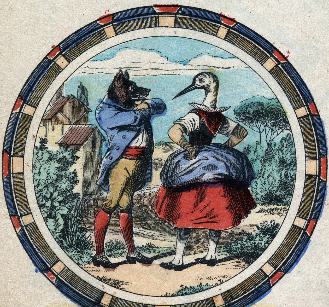 Il lupo e la cicogna. Favole di Jean de La Fontaine (1621-95). Immagine di Epinal della fine del XIX secolo. da French School