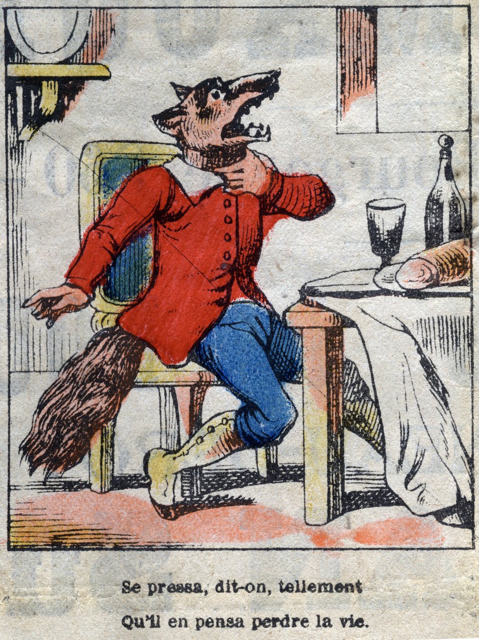 Il lupo e la cicogna. Favole di Jean de La Fontaine (1621-95). Immagine di Epinal fine XIX secolo. da French School