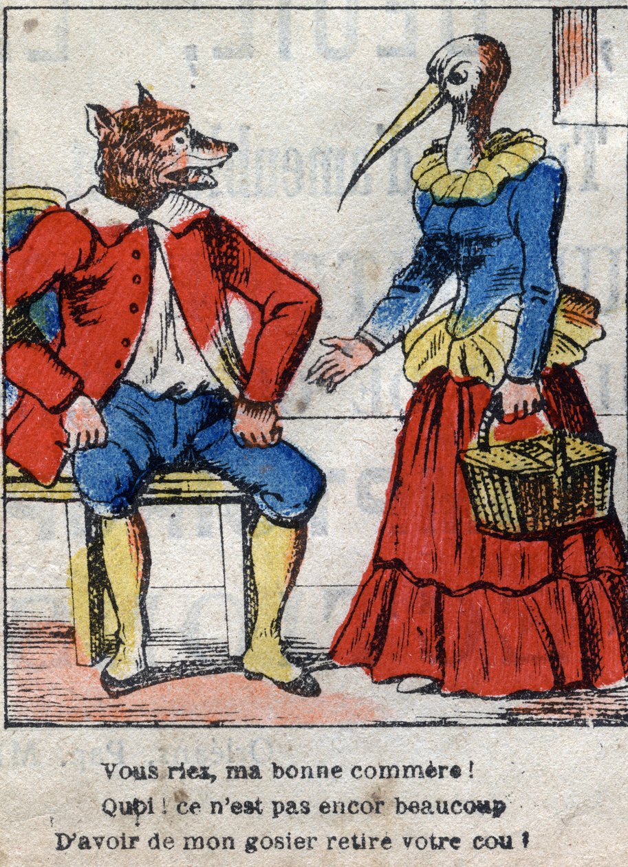 Il lupo e la cicogna. Favole di Jean de La Fontaine (1621-95). Immagine di Epinal della fine del XIX secolo da French School