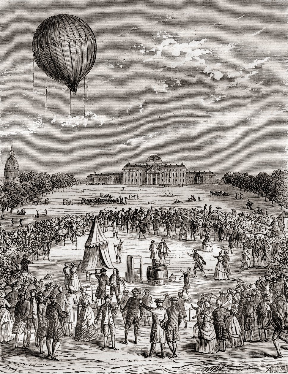 Il primo pallone a idrogeno del mondo, lanciato sopra il Campo di Marte, Parigi, Francia nel 1783, da Les Merveilles de la Science, pubblicato c.1870 da French School