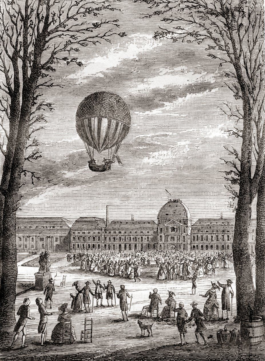 Il primo volo umano con pallone a idrogeno del mondo sopra il Champs de Mars, Parigi, Francia il 1 dicembre 1783, pilotato da Nicolas-Louis Robert e dal professore Jacques Charles, da 