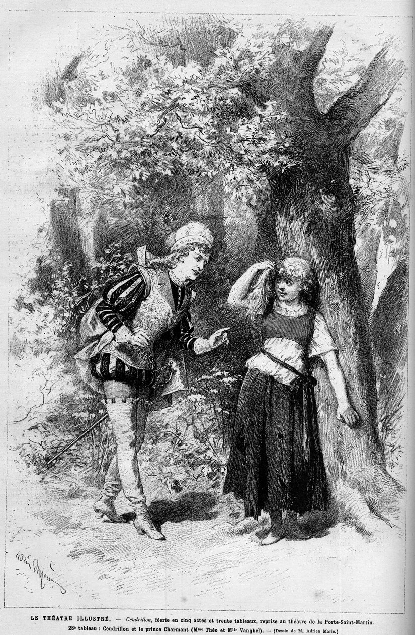 Rappresentazione teatrale: Cenerentola e il Principe Azzurro interpretati da Mme Theo e Melle Vanghel per la commedia 
