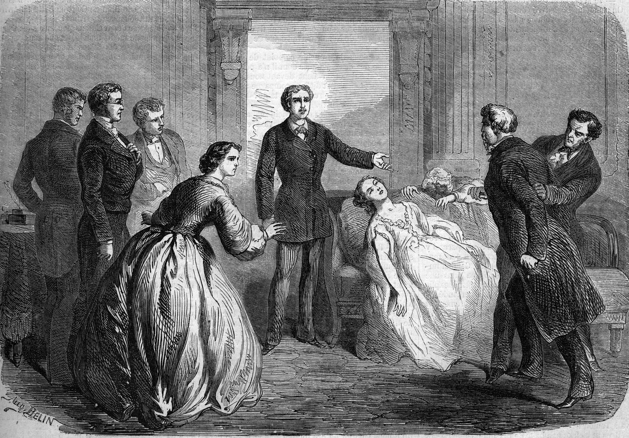 Rappresentazione teatrale di "La Marâtre" (5° atto, ultima scena) di Honoré de Balzac (1799-1850). Parigi, Théâtre du Vaudeville da French School