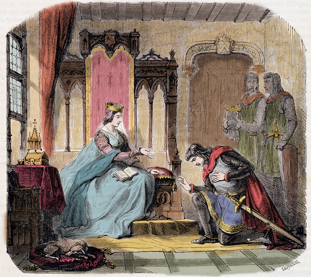 Thibault IV di Champagne (1201-1253) (noto anche come Thibault I di Navarra), ai piedi della regina Bianca di Castiglia per avvertirla del pericolo che correva - in "Paris a travers les siècles" di de Genouillac da French School