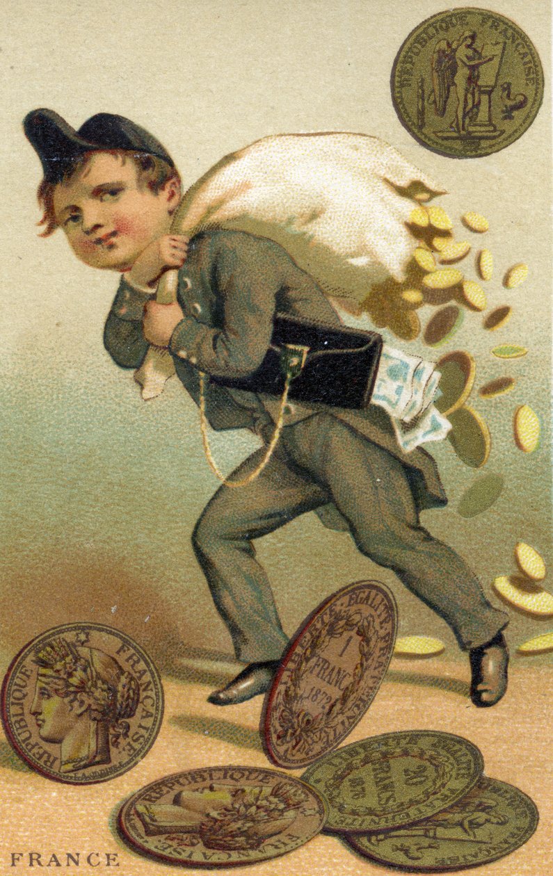 Ladro che scappa con un sacco di franchi francesi e banconote, da una serie di carte promozionali sulle valute in diversi paesi, pubblicata a Parigi da Baster & Vieillemard per uso del produttore di cioccolato da French School