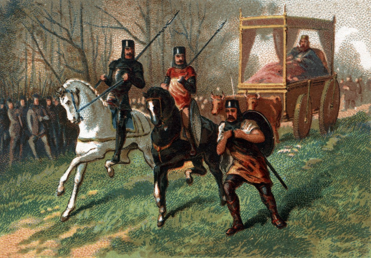 Thierry I (? - 533), re di Austrasia su un carro trainato da buoi. Cromolitografia della fine del XIX secolo. da French School