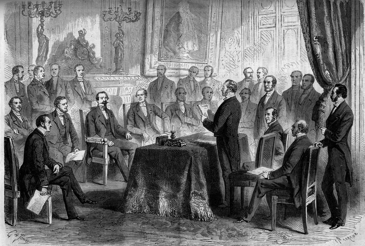 Terza Repubblica: riunione del Consiglio di Stato alle Tuileries in presenza di Napoleone III (1808-1873) e del Barone Eugène Georges Haussmann, prefetto di Parigi (1809-1891). Incisione in Le Monde Illustré n. 291 dell