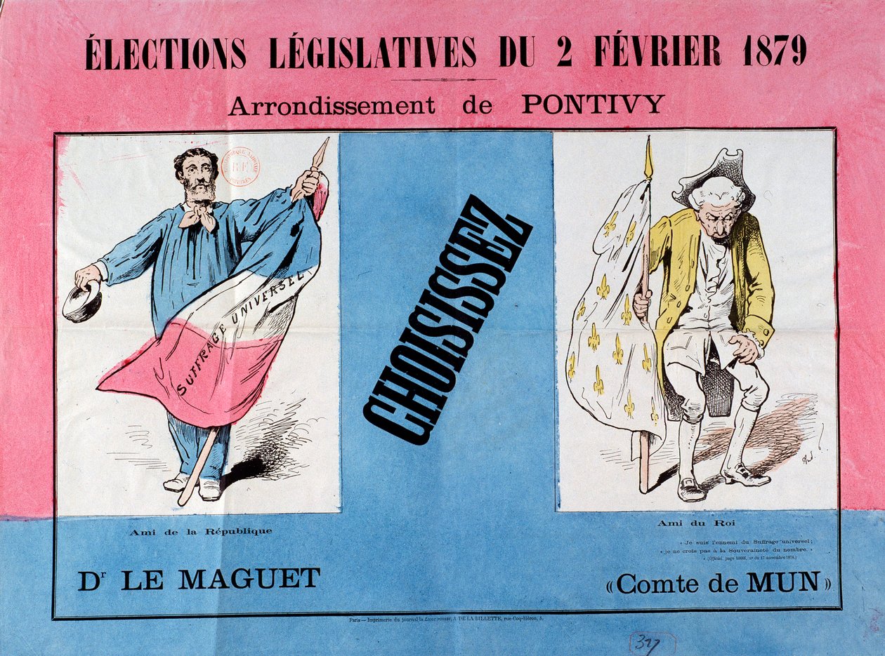 Terza Repubblica: manifesto per le elezioni legislative del 2/02/1879 nel comune di Pontivy (Morbihan). Parigi. Museo del Manifesto e della Pubblicità da French School