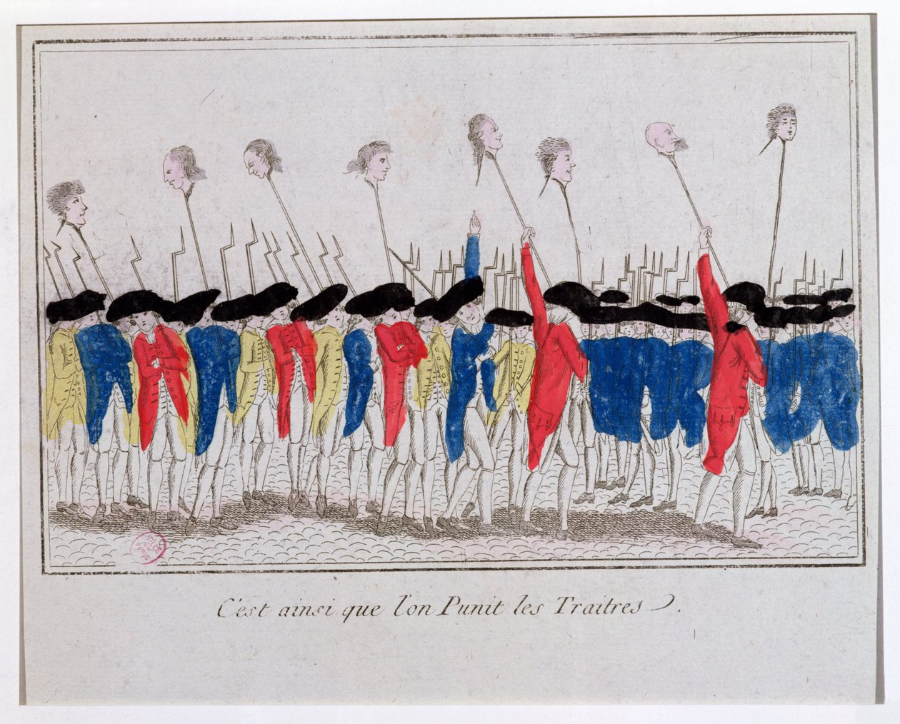 Ecco come vengono puniti i traditori, sanculotti che portano le teste dei ghigliottinati, 1789 da French School