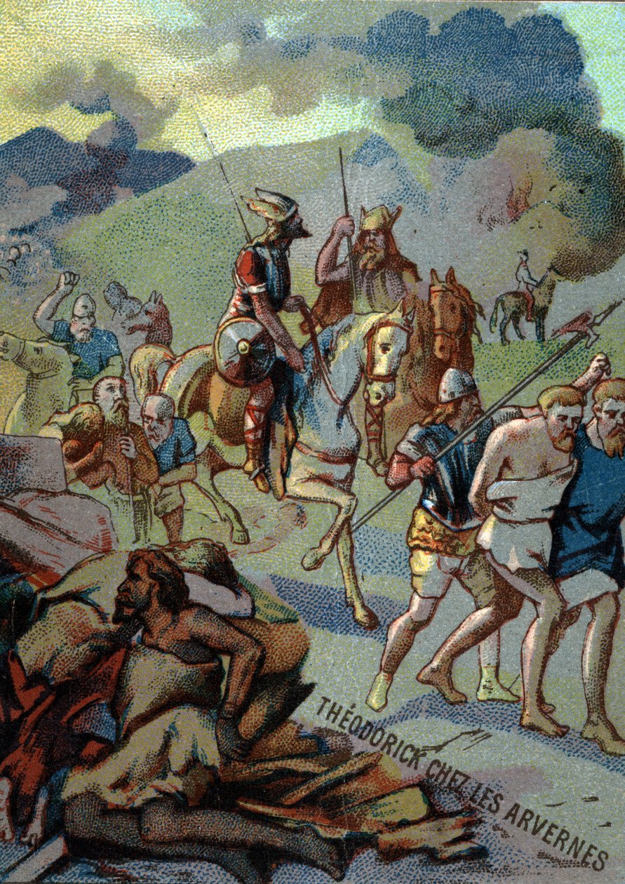 Teoderico, figlio maggiore di Clodoveo, negli Arverni (Alvernia) (532-533). Cromolitografia della serie "Educazione patriottica attraverso l