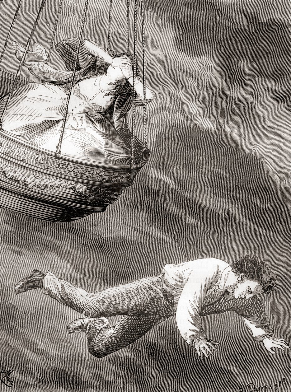Thomas Harris, inventivo scienziato londinese e tenente e pioniere aeronautico inglese che cadde a morte da una mongolfiera il 25 maggio 1824, da Les Merveilles de la Science, pubblicato c.1870 da French School