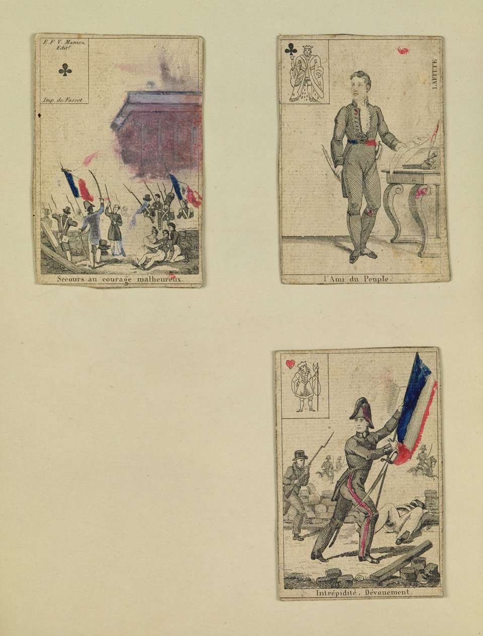 Tre carte da gioco commemorative degli eroi di luglio 1830, 1831 da French School
