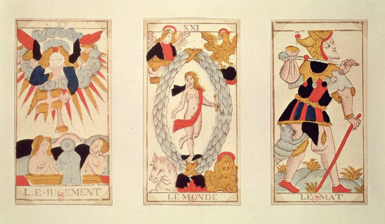 Tre carte dei tarocchi che raffigurano il Giudizio, Il Mondo e Il Matto (incisione colorata su legno) da French School