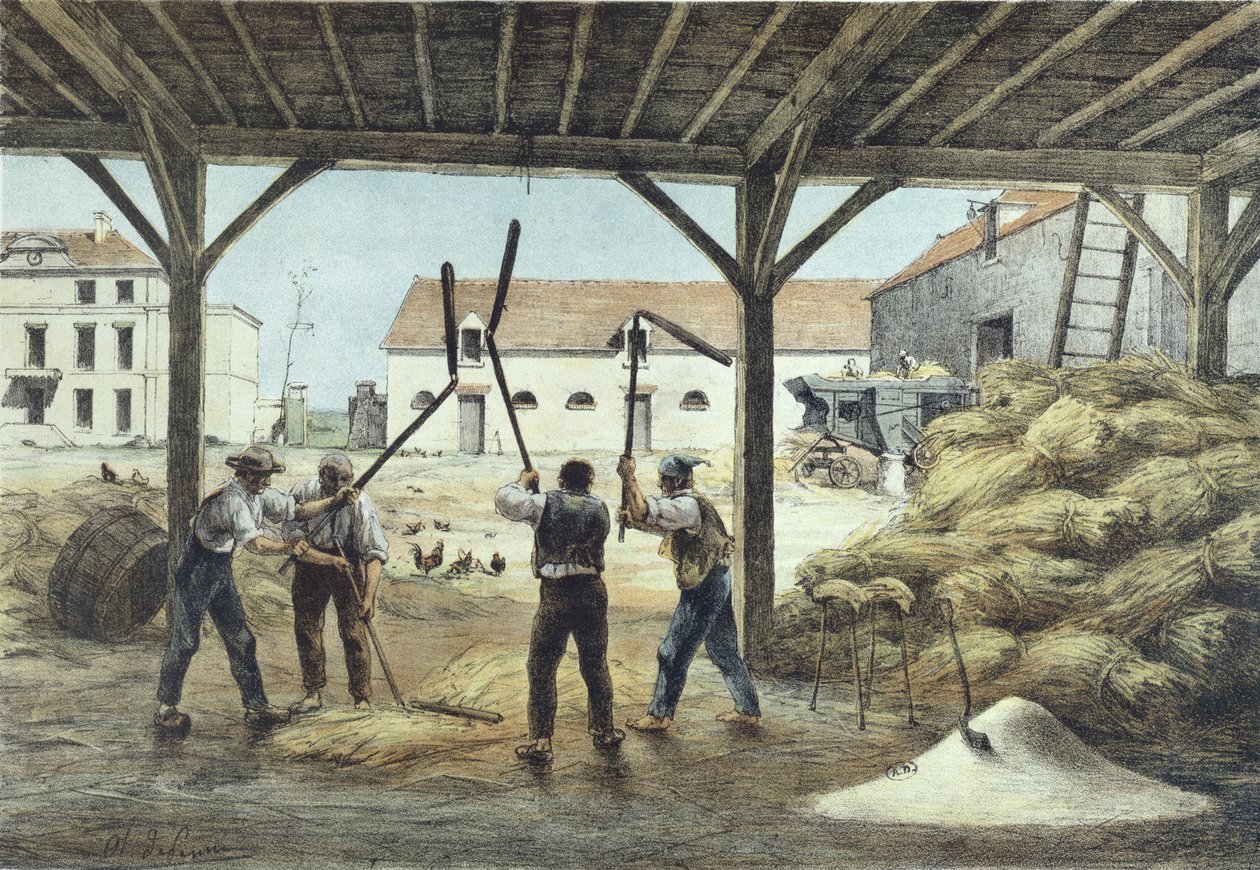 Trebbiatura del grano, illustrazione da un libro di testo scolastico Enseignement par les yeux, 2a metà del XIX secolo da French School