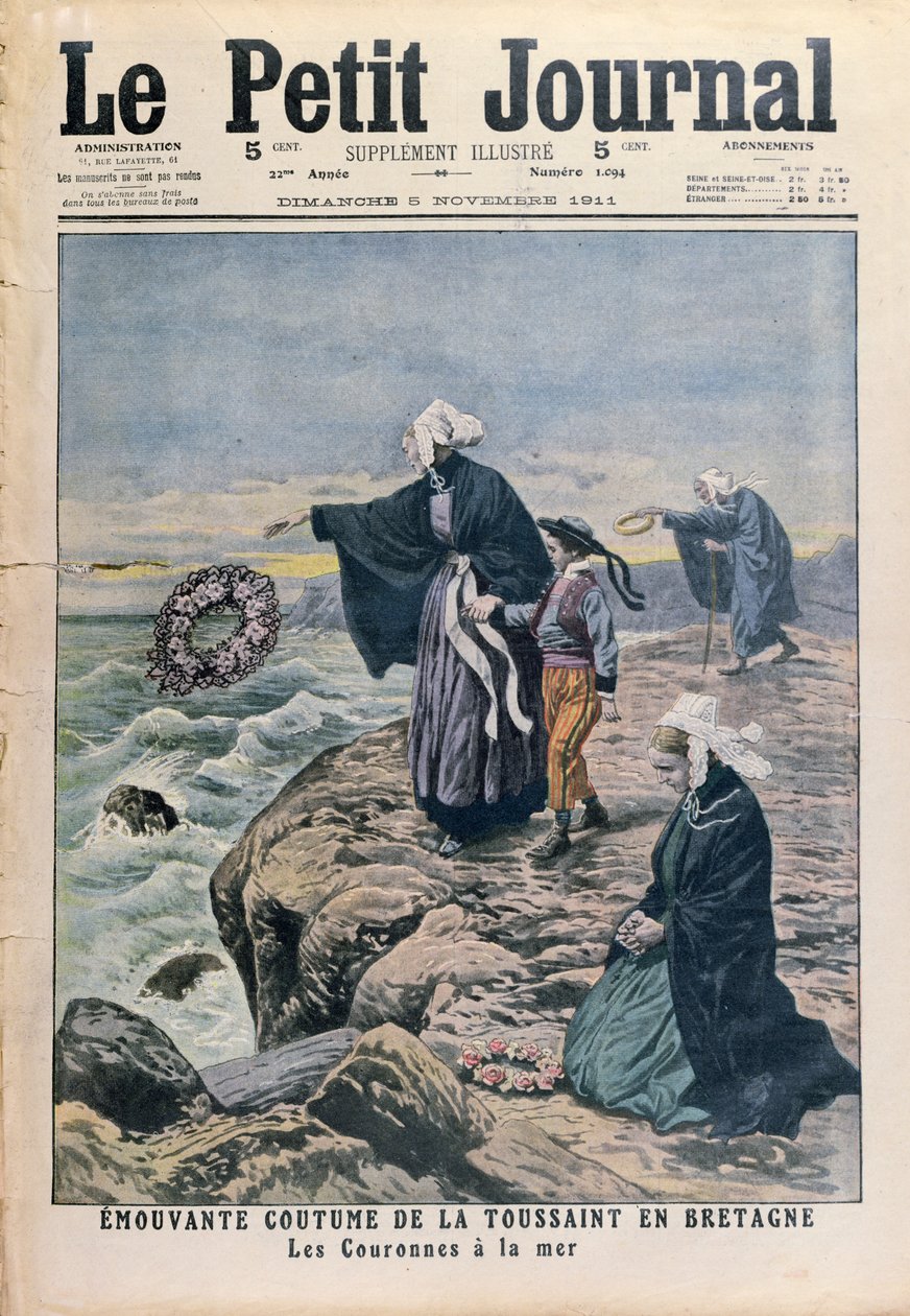 Lancio di corone in mare nel giorno di Ognissanti in Bretagna, illustrazione di copertina da Le Petit Journal, 5 novembre 1911 da French School