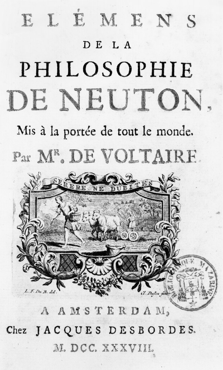 Pagina del titolo di Éléments de la Philosophie de Newton di François Marie Arouet Voltaire (1694-1778) Amsterdam, pubblicato nel 1738 da French School