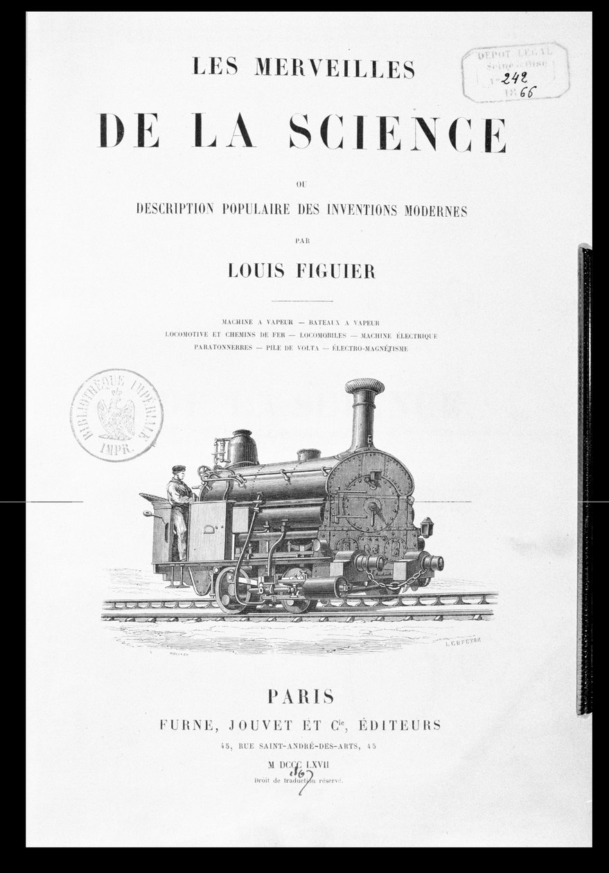 Pagina del titolo di Les Merveilles de la Science di Louis Figuier, pubblicato da Furne e Jouvet, 1867 da French School