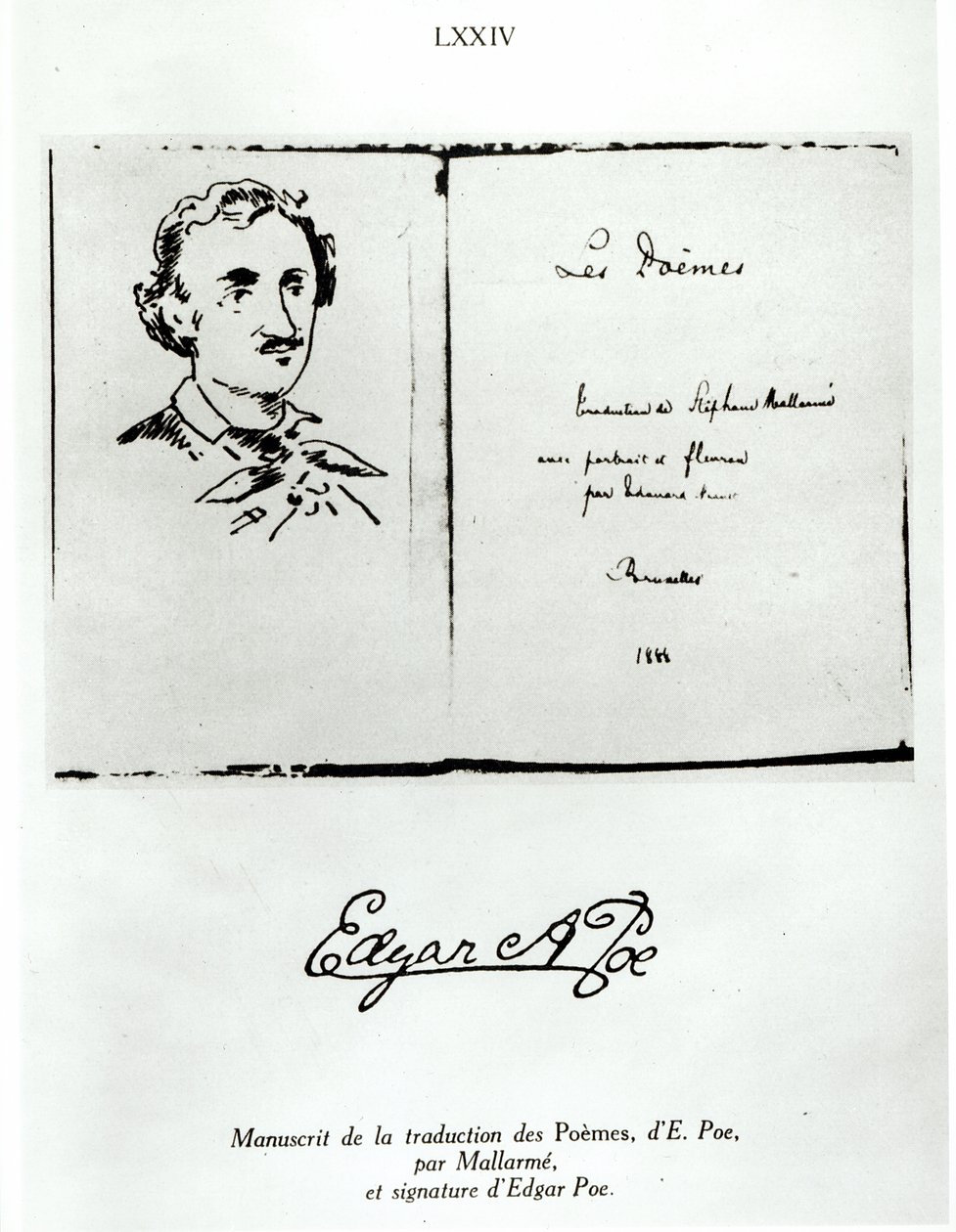 Pagina del titolo di Les Poemes di Edgar Allan Poe (1809-49) tradotto da Stephane Mallarme (1842-98) con un ritratto dell
