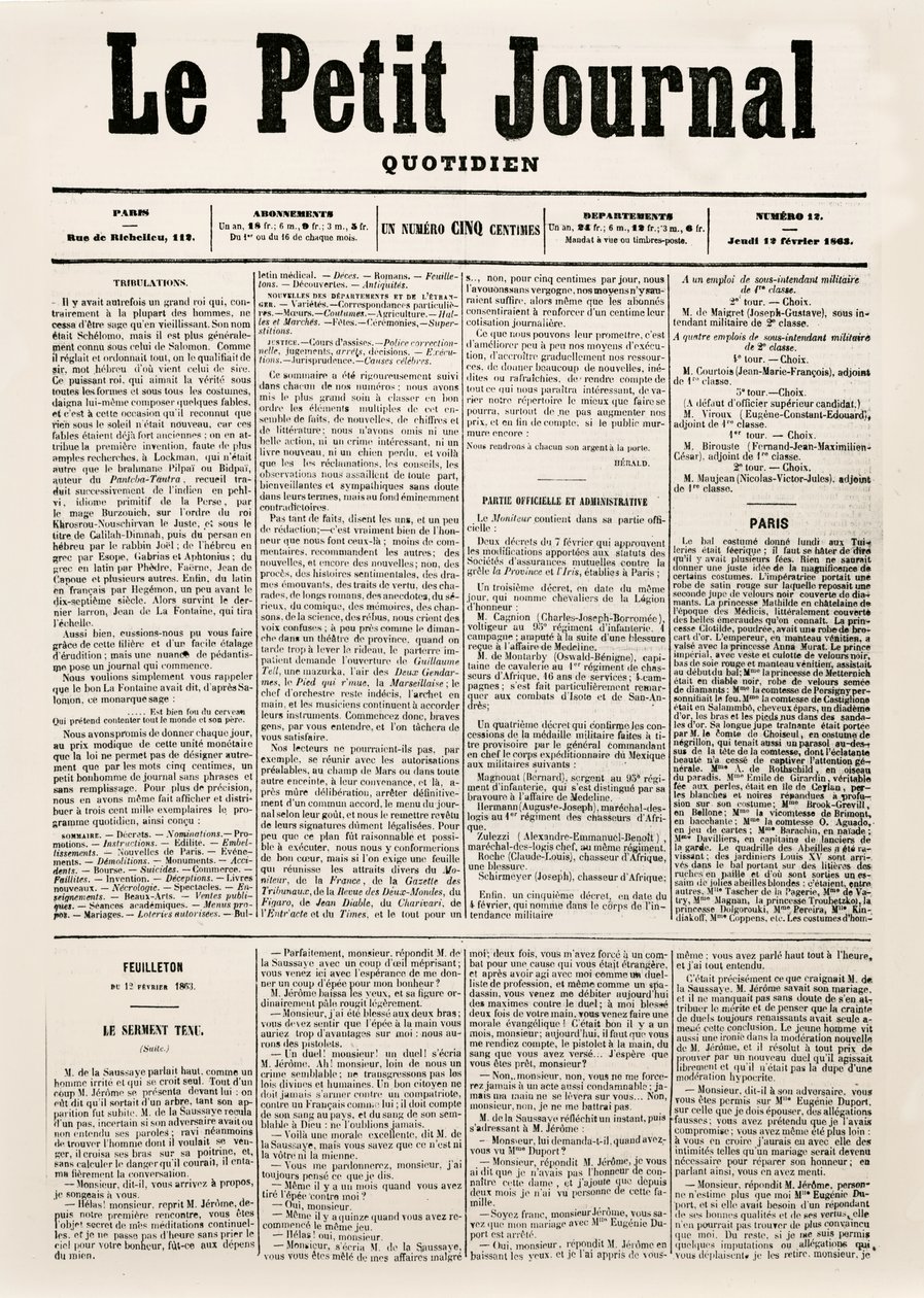 Pagina del titolo del quotidiano Le Petit Journal, 12 febbraio 1863 da French School