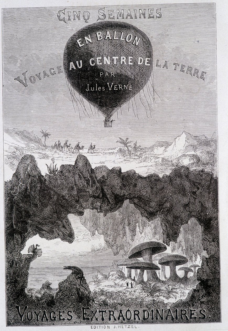 Pagina del titolo: "Cinque settimane in pallone" e "Viaggio al centro della Terra" di Jules Verne, sd. Editions Hetzel sotto il nome generale "Les Voyages Extraordinary" da French School